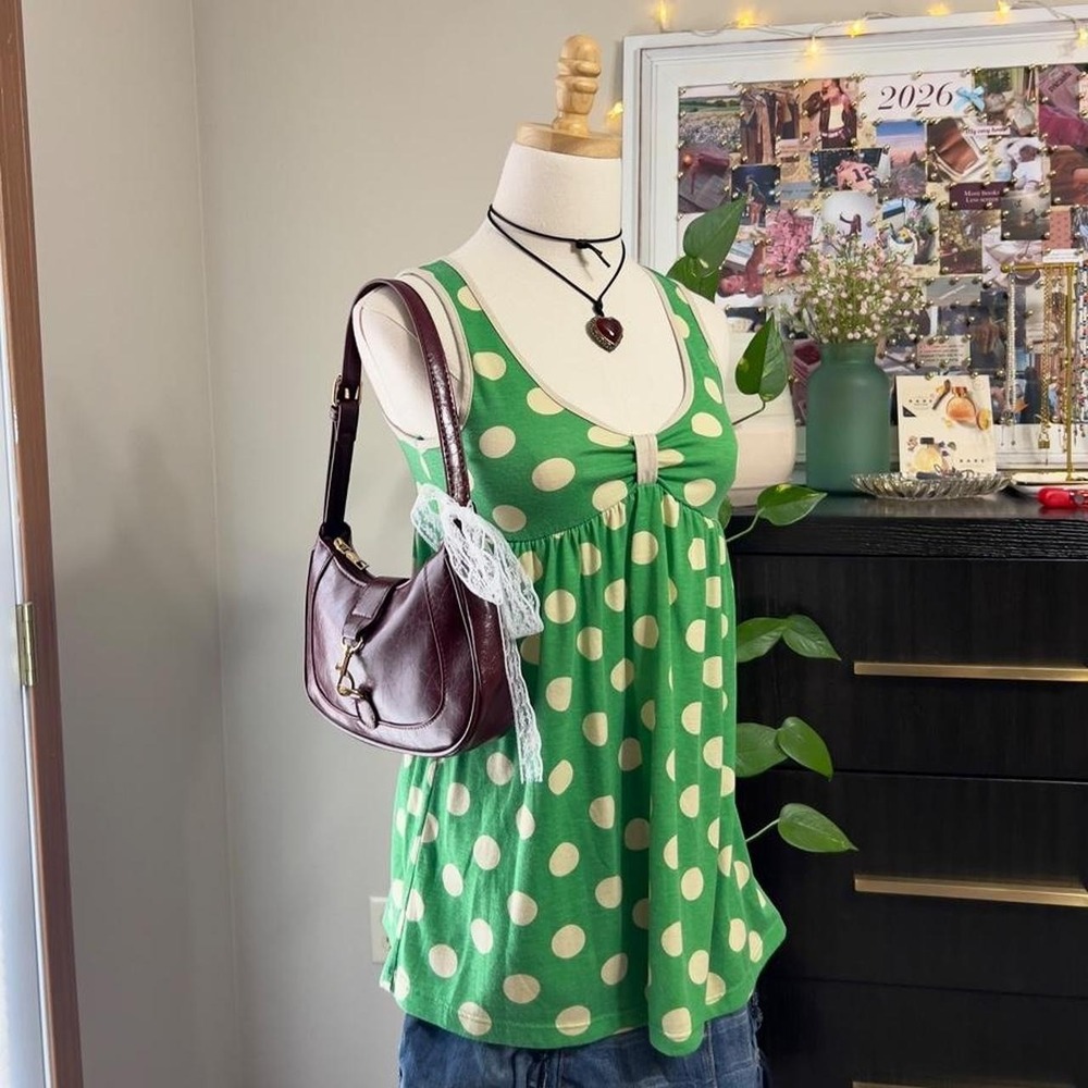 Vintage Y2K Xhilaration Green Polka Dot Babydoll Tank Top Size Small